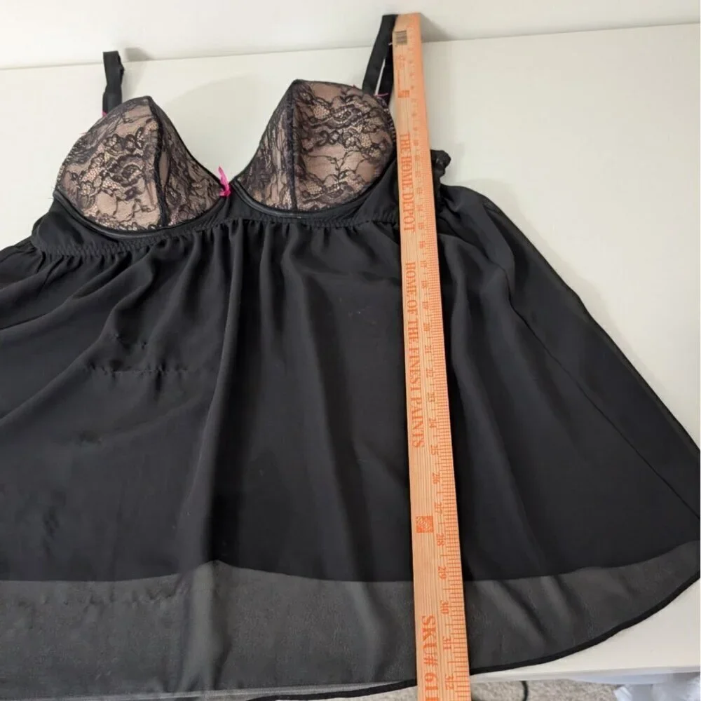 Cacique Lace Floral Babydoll Lingerie Womens Size 40DD Black Underwire Nightgown